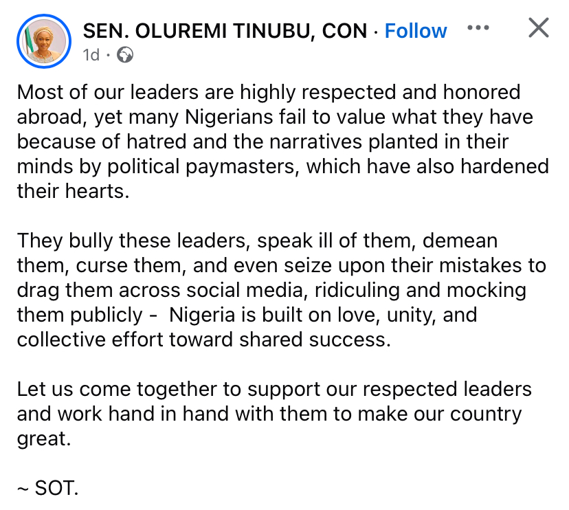 "Many Nigerians fail to value their leaders" - Remi Tinubu reacts after Trump honours her