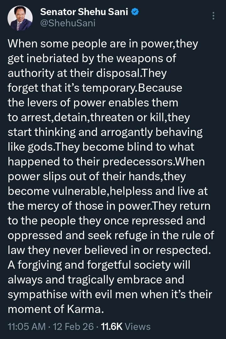 &ldquo;People in power think and arrogantly behave like gods&rdquo; &mdash; Ex-Senator Shehu Sani