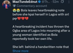 "Dad, I'm sorry..." &mdash; Lady leaves heartbreaking note before killing herself with sniper in Lagos
