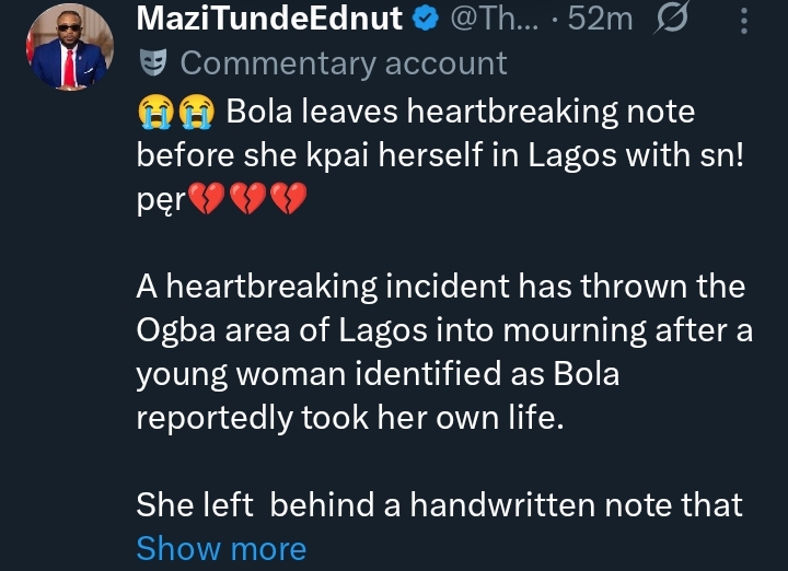 "Dad, I'm sorry..." — Lady leaves heartbreaking note before killing herself with sniper in Lagos