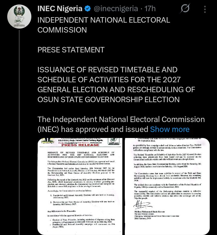 INEC revises 2027 election dates after Ramadan clash
