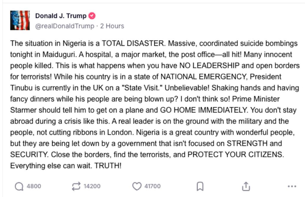 U.S President Donald Trump blasts Tinubu over alleged "suicide bombing" in Maiduguri