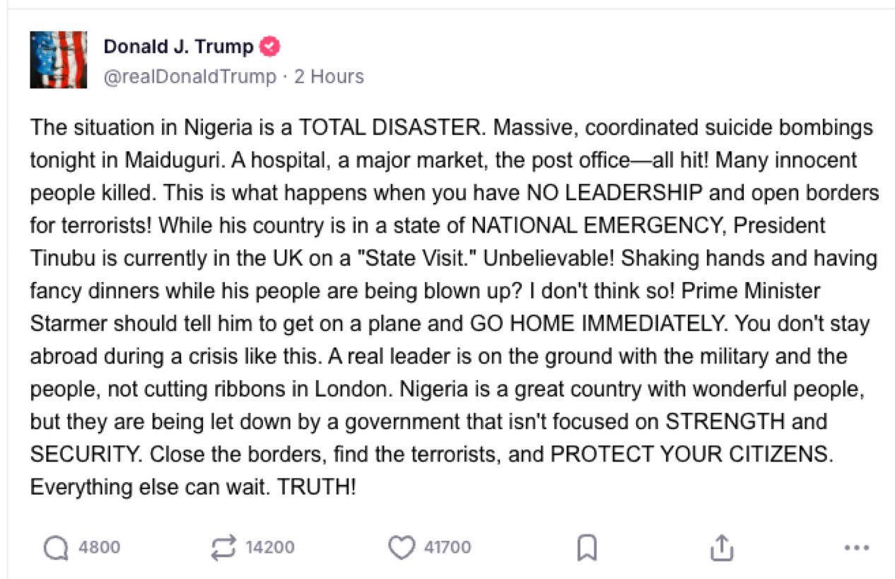U.S President Donald Trump blasts Tinubu over alleged "suicide bombing" in Maiduguri
