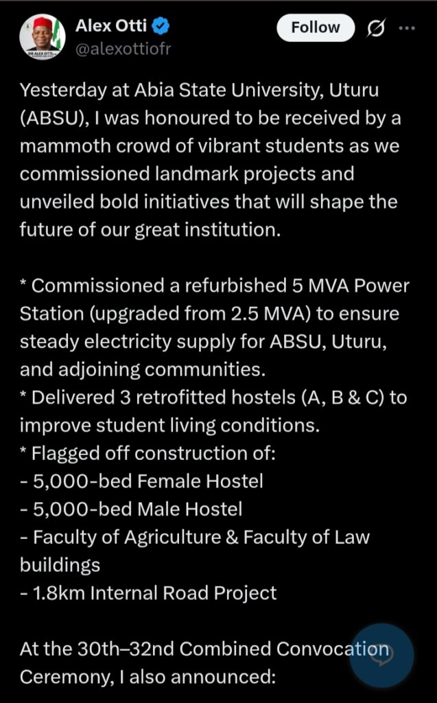 Governor Alex Otti unveils major projects, announces jobs and scholarships at ABSU