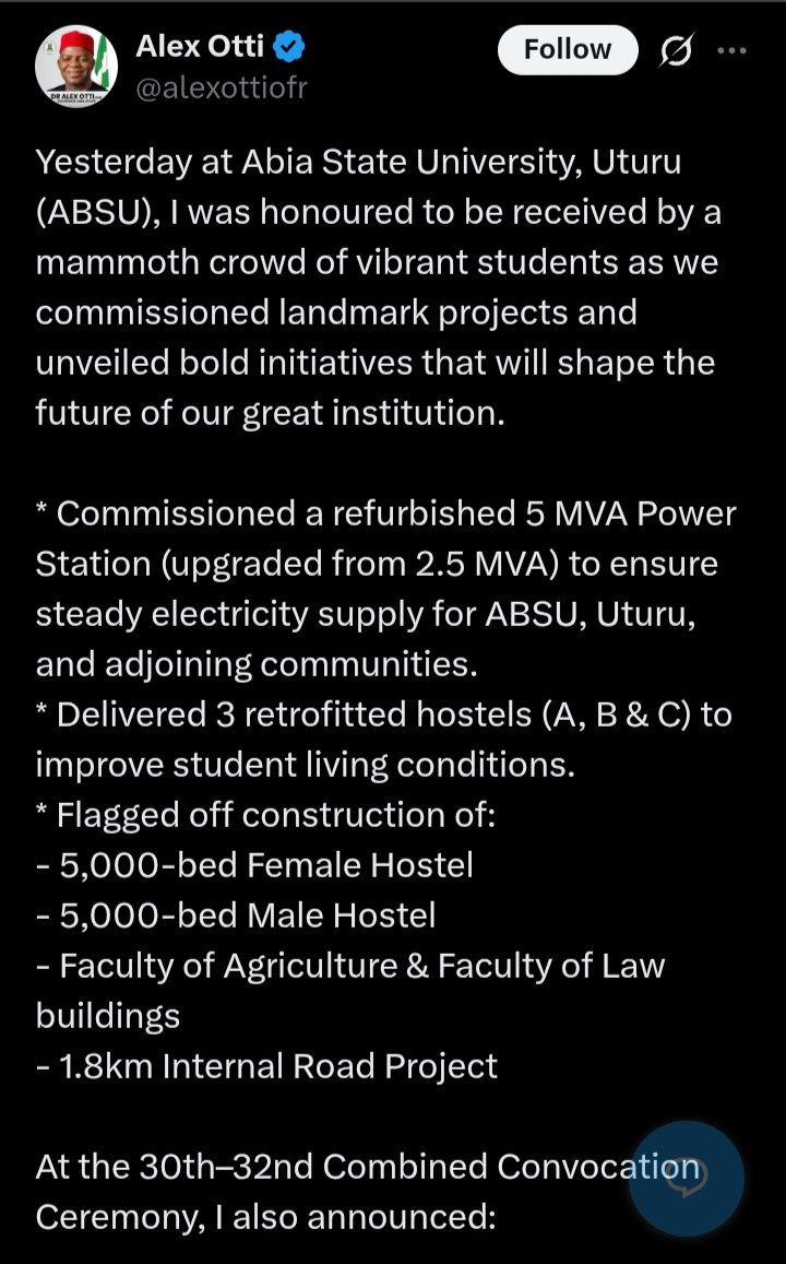 Governor Alex Otti unveils major projects, announces jobs and scholarships at ABSU