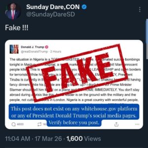 Presidency debunks fake tweet of Trump criticising Tinubu over Maiduguri suicide bombing