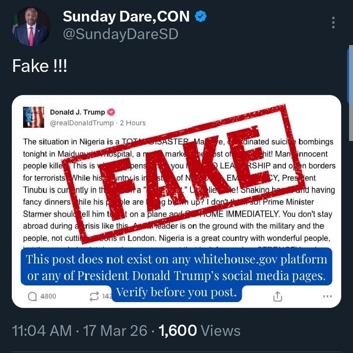 Presidency debunks fake tweet of Trump criticising Tinubu over Maiduguri suicide bombing