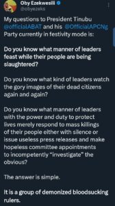 "What leaders feast..." &mdash;Ex Minister Oby Ezekwesili blasts Tinubu, APC over Plateau killings