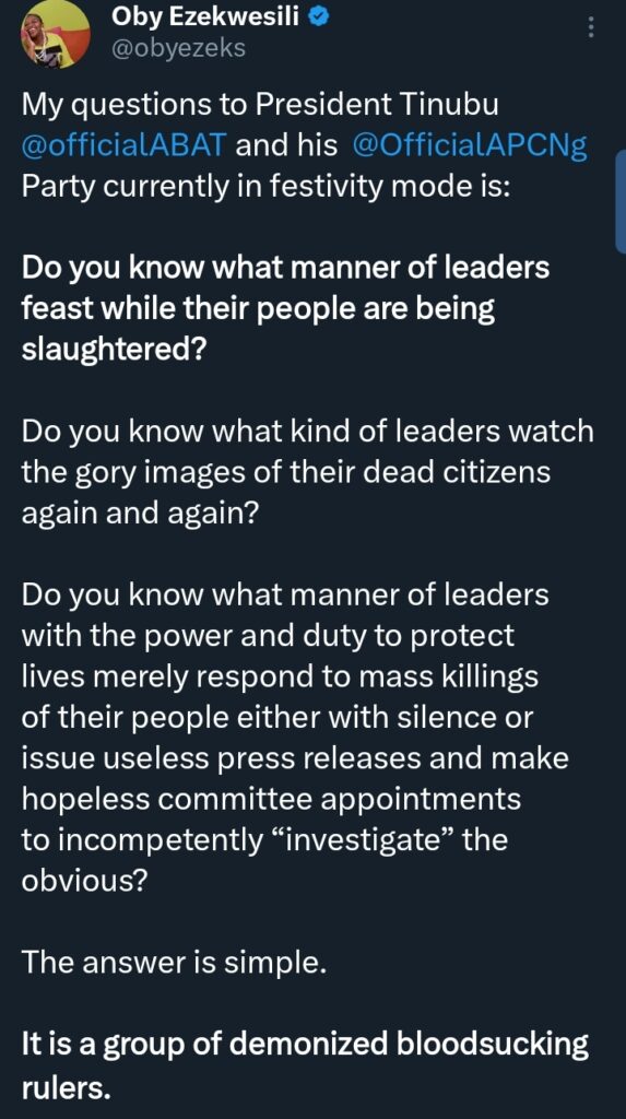 "What leaders feast..." &mdash;Ex Minister Oby Ezekwesili blasts Tinubu, APC over Plateau killings