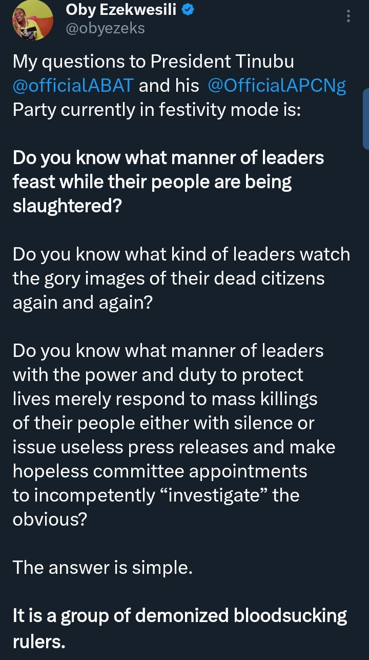 "What leaders feast..." —Ex Minister Oby Ezekwesili blasts Tinubu, APC over Plateau killings