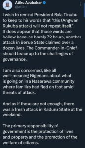 Atiku sends reminder to Tinubu as deadly attacks claim dozen lives in Benue