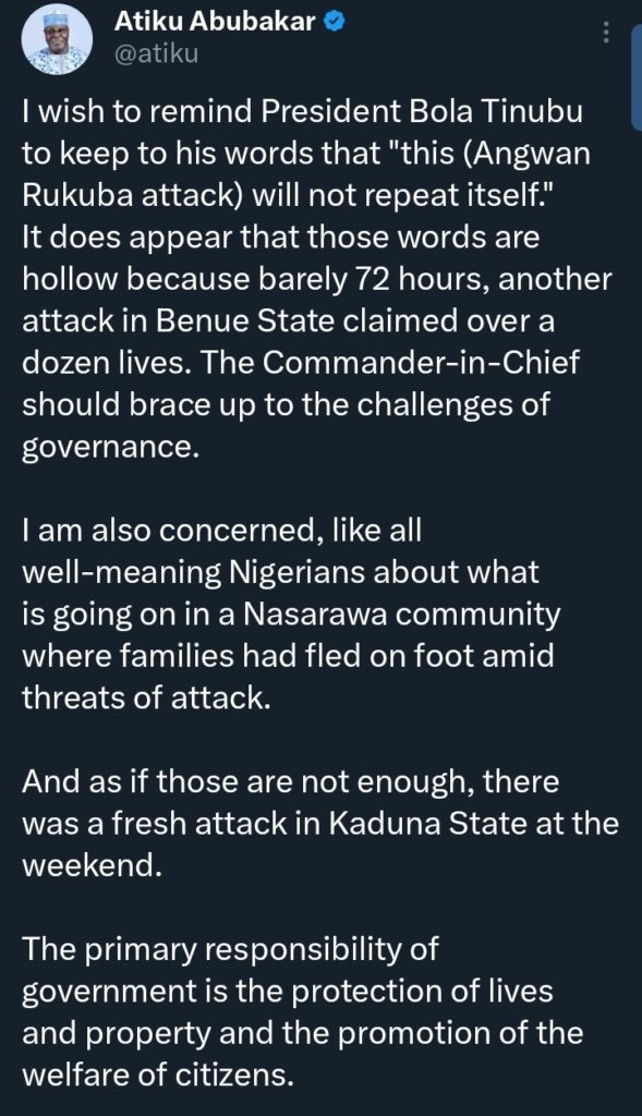 Atiku sends reminder to Tinubu as deadly attacks claim dozen lives in Benue