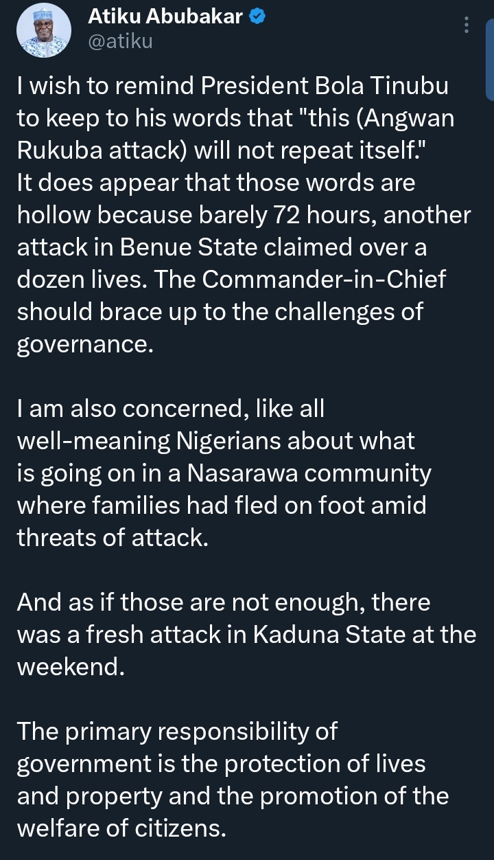 Atiku sends reminder to Tinubu as deadly attacks claim dozen lives in Benue