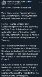 Tinubu didn't sack Wale Edun, Dangiwa &mdash; Presidency breaks silence, reveals how Edun, Dangiwa left Tinubu&rsquo;s government