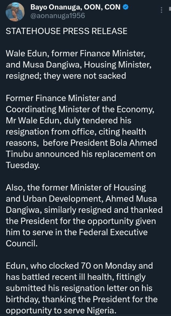 Tinubu didn't sack Wale Edun, Dangiwa &mdash; Presidency breaks silence, reveals how Edun, Dangiwa left Tinubu&rsquo;s government