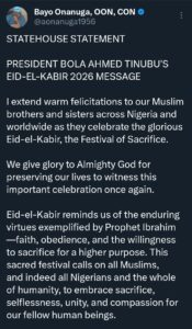 Eid-el-Kabir 2026: "I assure you, we will defeat the forces of evil" &mdash; Tinubu declares