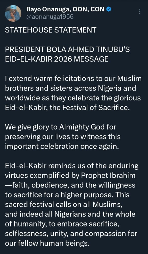 Eid-el-Kabir 2026: "I assure you, we will defeat the forces of evil" &mdash; Tinubu declares