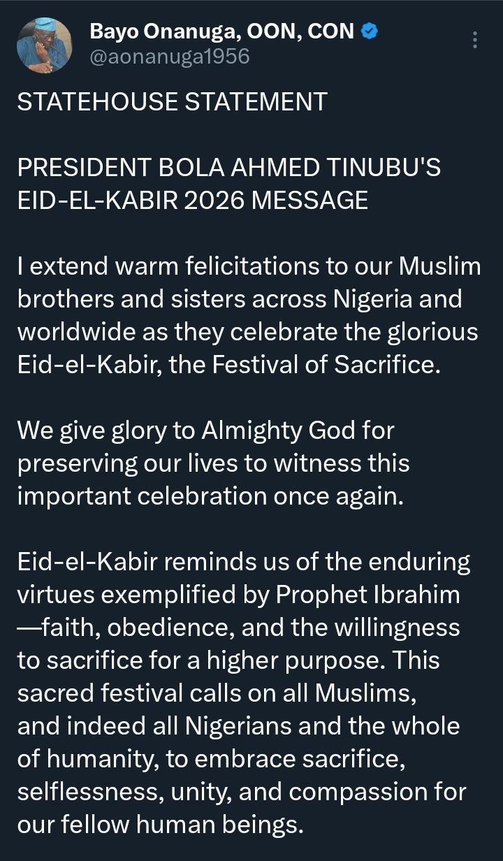Eid-el-Kabir 2026: "I assure you, we will defeat the forces of evil" &mdash; Tinubu declares