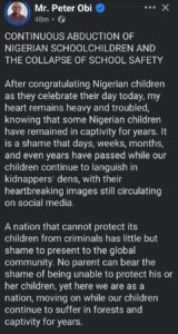 "National Shame&rdquo; &mdash; Peter Obi slams insecurity in schools on children's day