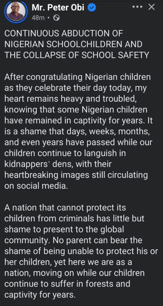 "National Shame” — Peter Obi slams insecurity in schools on children's day