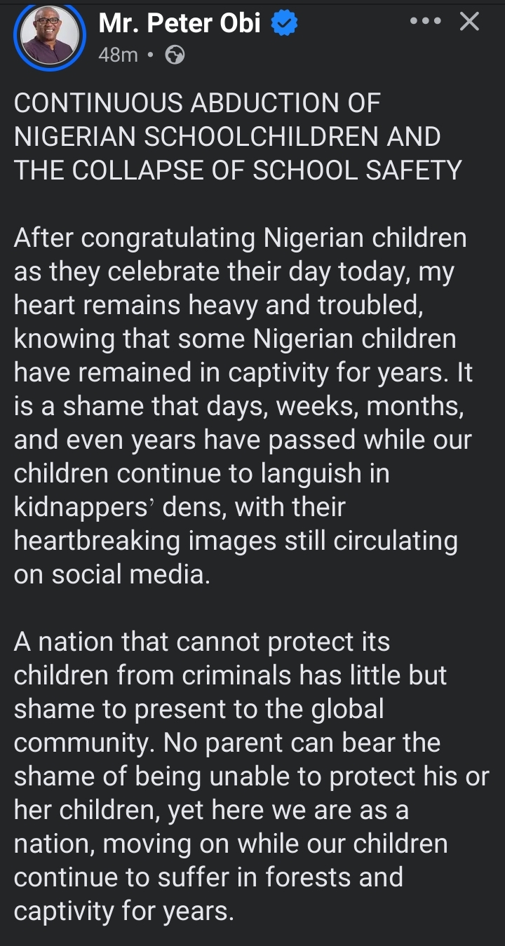 "National Shame” — Peter Obi slams insecurity in schools on children's day
