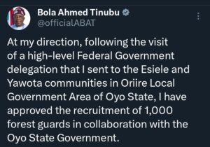 "I've approved recruitment of 1,000 forest guards" &mdash; Tinubu moves to rescue abducted students, teachers in Oyo