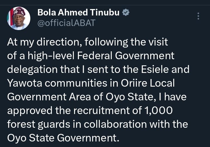 "I've approved recruitment of 1,000 forest guards" — Tinubu moves to rescue abducted students, teachers in Oyo