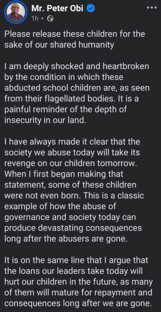 Oyo Students' Kidnapping: "Please release these children for the sake of our shared humanity" &mdash; Peter Obi pleads
