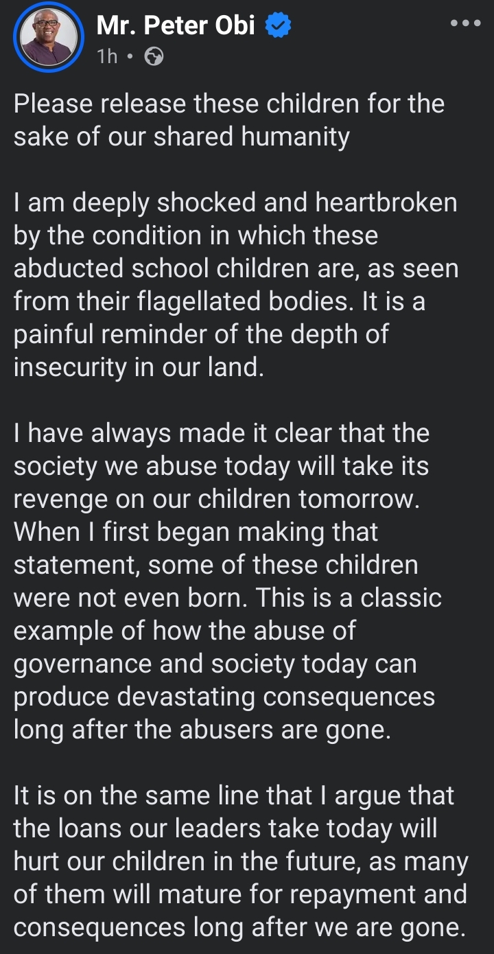 Oyo Students' Kidnapping: "Please release these children for the sake of our shared humanity" &mdash; Peter Obi pleads