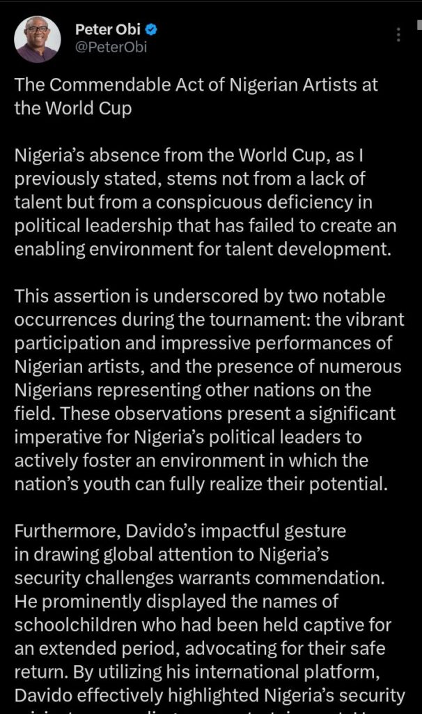 Peter Obi applauds Davido’s ‘Bring Them Home’ World Cup protest outfit