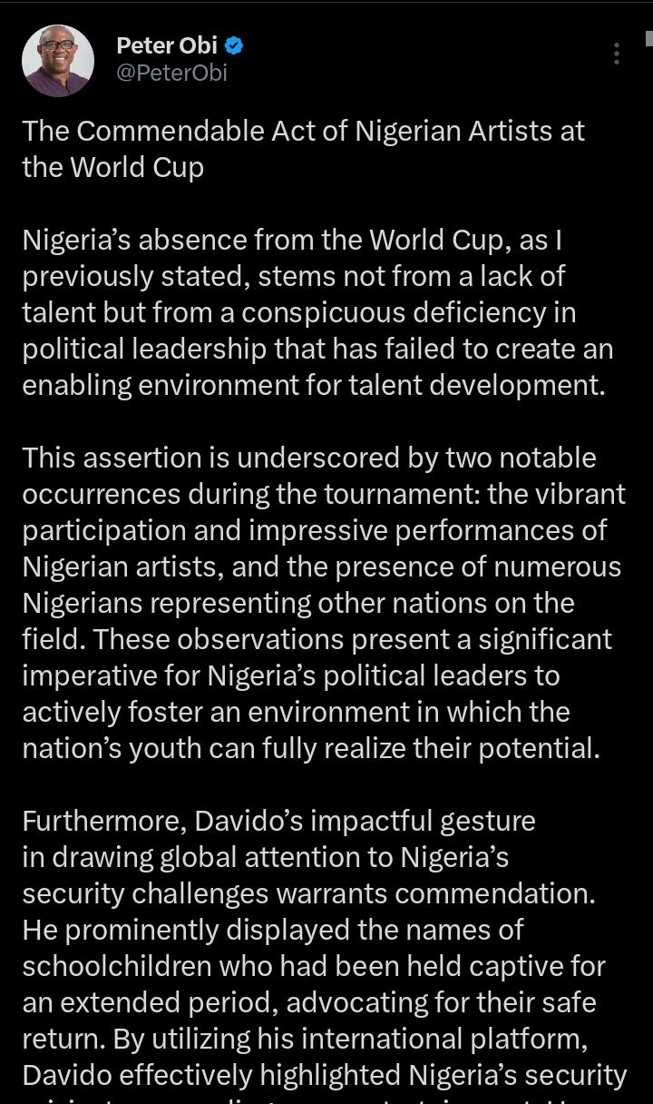 Peter Obi applauds Davido&rsquo;s &lsquo;Bring Them Home&rsquo; World Cup protest outfit