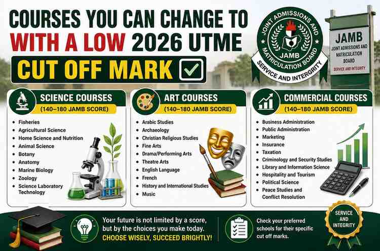 Courses you can change to with a low 2026 JAMB cut off mark