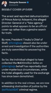 "Biggest cover-up ever" &mdash; Sowore reacts to the arrest of 'fake agency' DG Prince Adeyemi