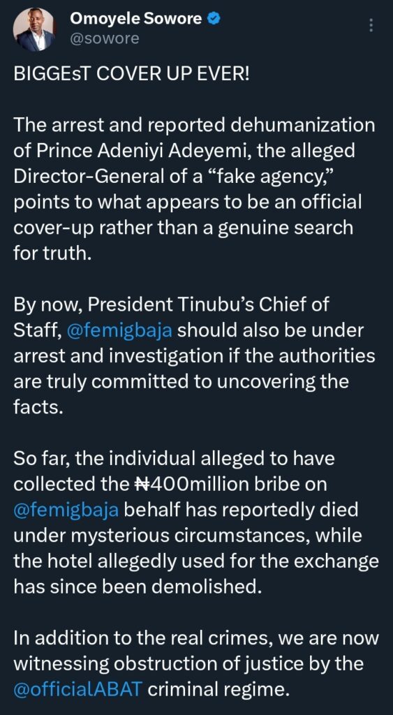 "Biggest cover-up ever" — Sowore reacts to the arrest of 'fake agency' DG Prince Adeyemi