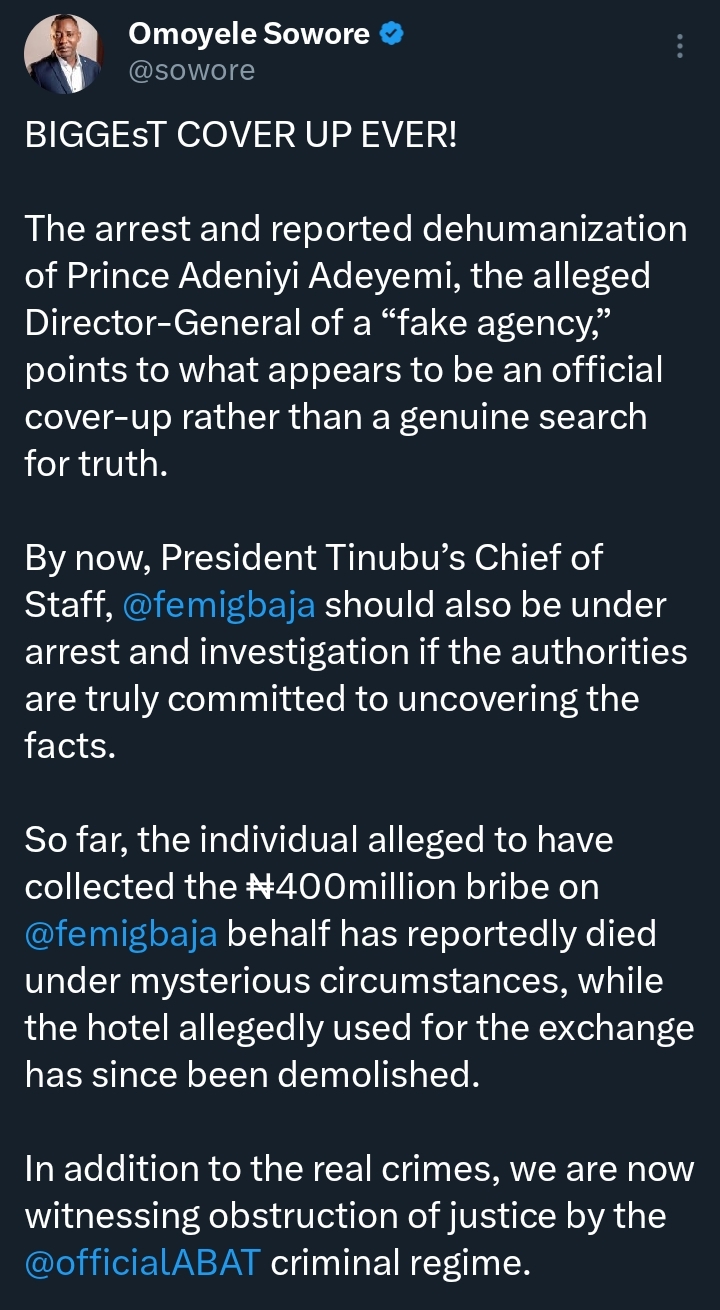 "Biggest cover-up ever" — Sowore reacts to the arrest of 'fake agency' DG Prince Adeyemi
