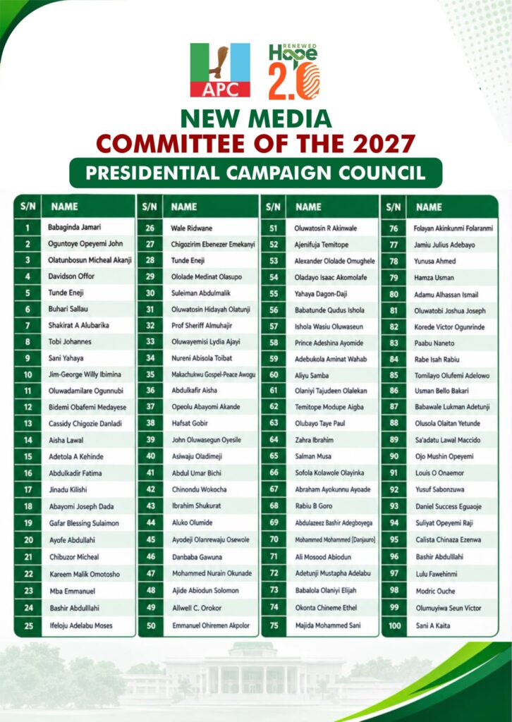 Tinubu’s 2027 campaign takes shape as APC appoints over 200 new media members